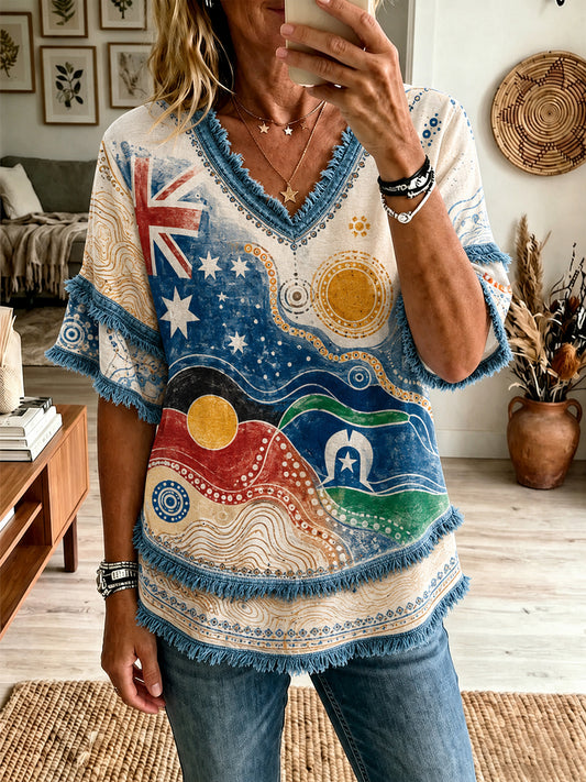 Women's Australian Aboriginal Culture Art Printed Linen Tops