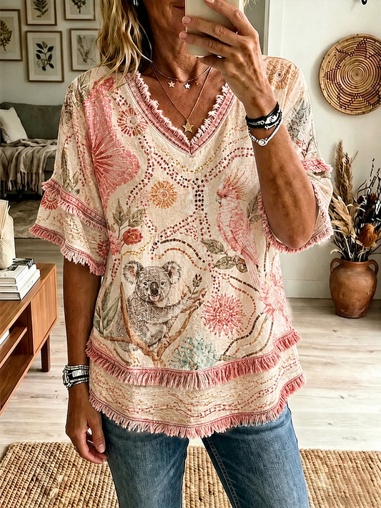 Women's Australian Aboriginal Culture Art Printed Linen Tops