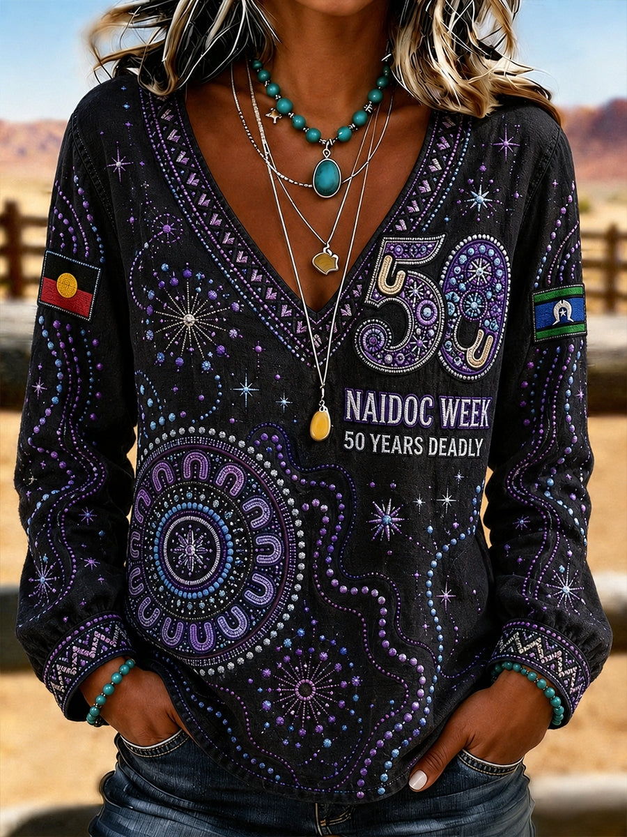 Women's Australia NAIDOC WEEK Print Casual V-Neck T-Shirt