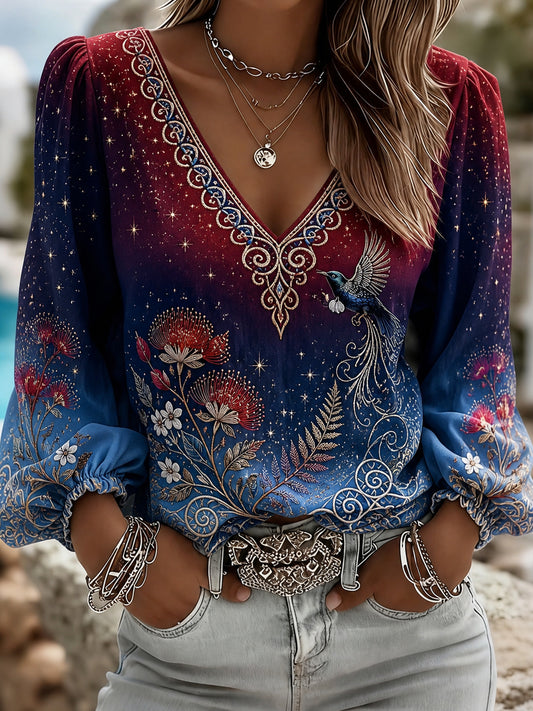 Women's New Year Maori Cultural Commemorative Art Print Long-Sleeved V-Neck Top
