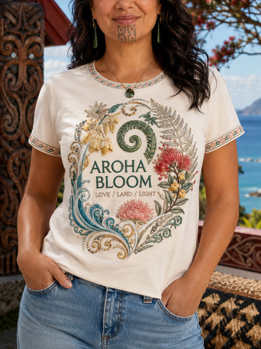 Women's NZ Maori Art Printed Linen T-shirt