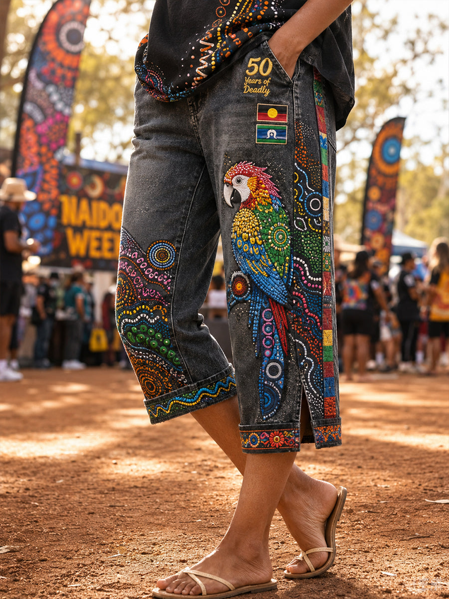Women's Australia Naidoc Week Pattern Denim Patchwork Capri Pants
