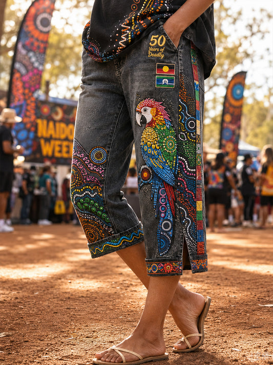 Women's Australia Naidoc Week Pattern Denim Patchwork Capri Pants