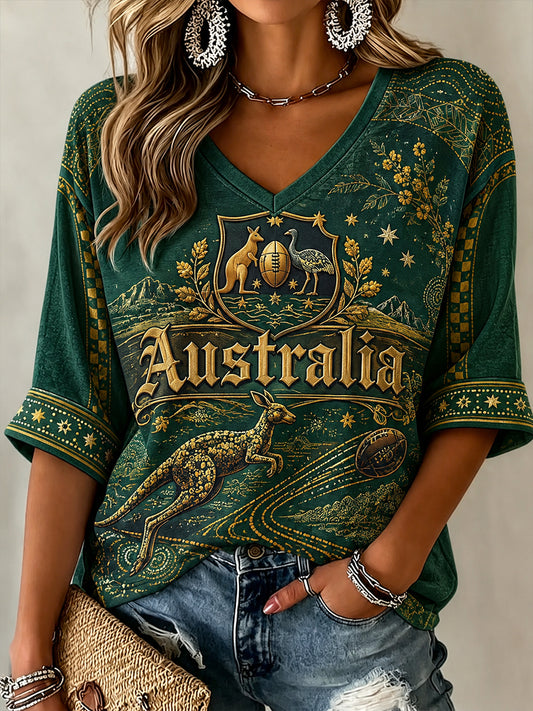 Women's Australia Football Pattern Linen V-Neck Shirt