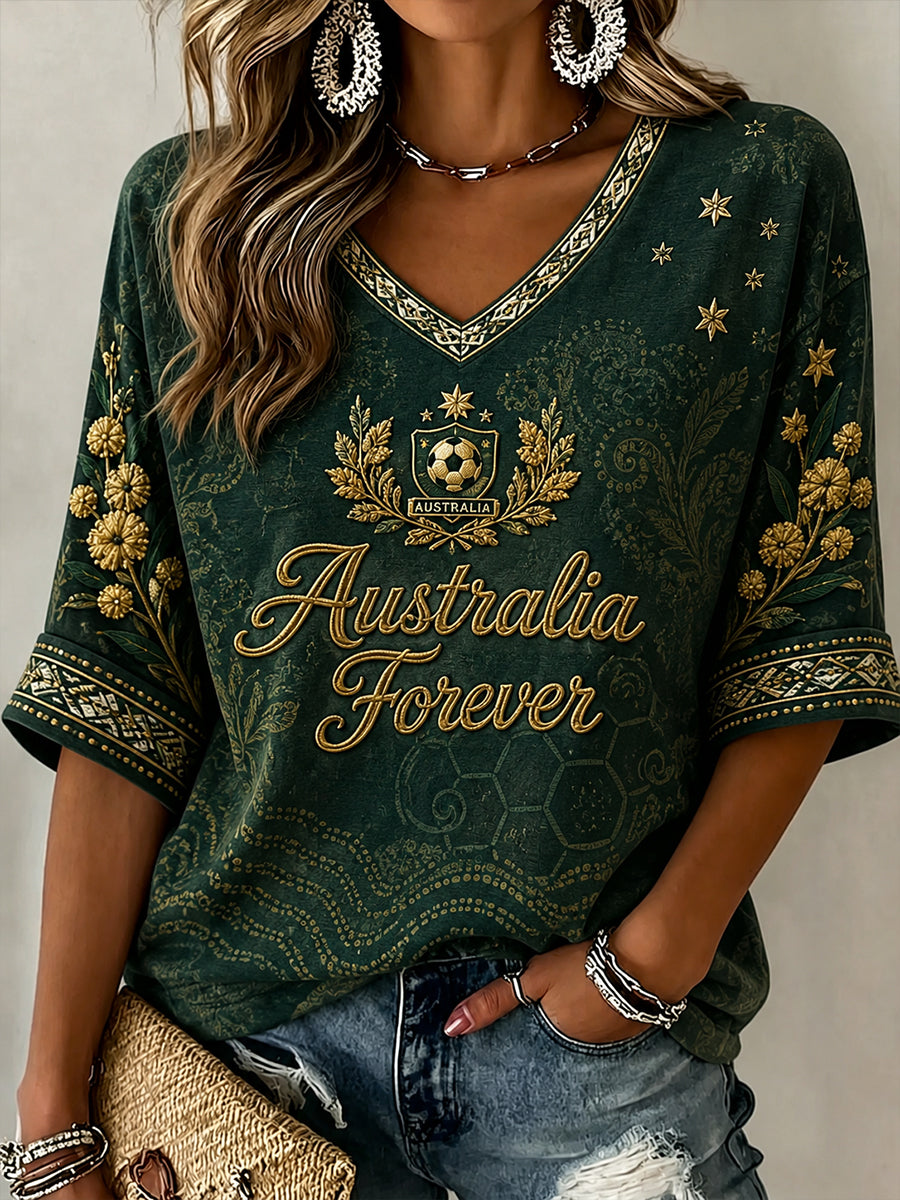 Women's Australia Football Pattern Linen V-Neck Shirt