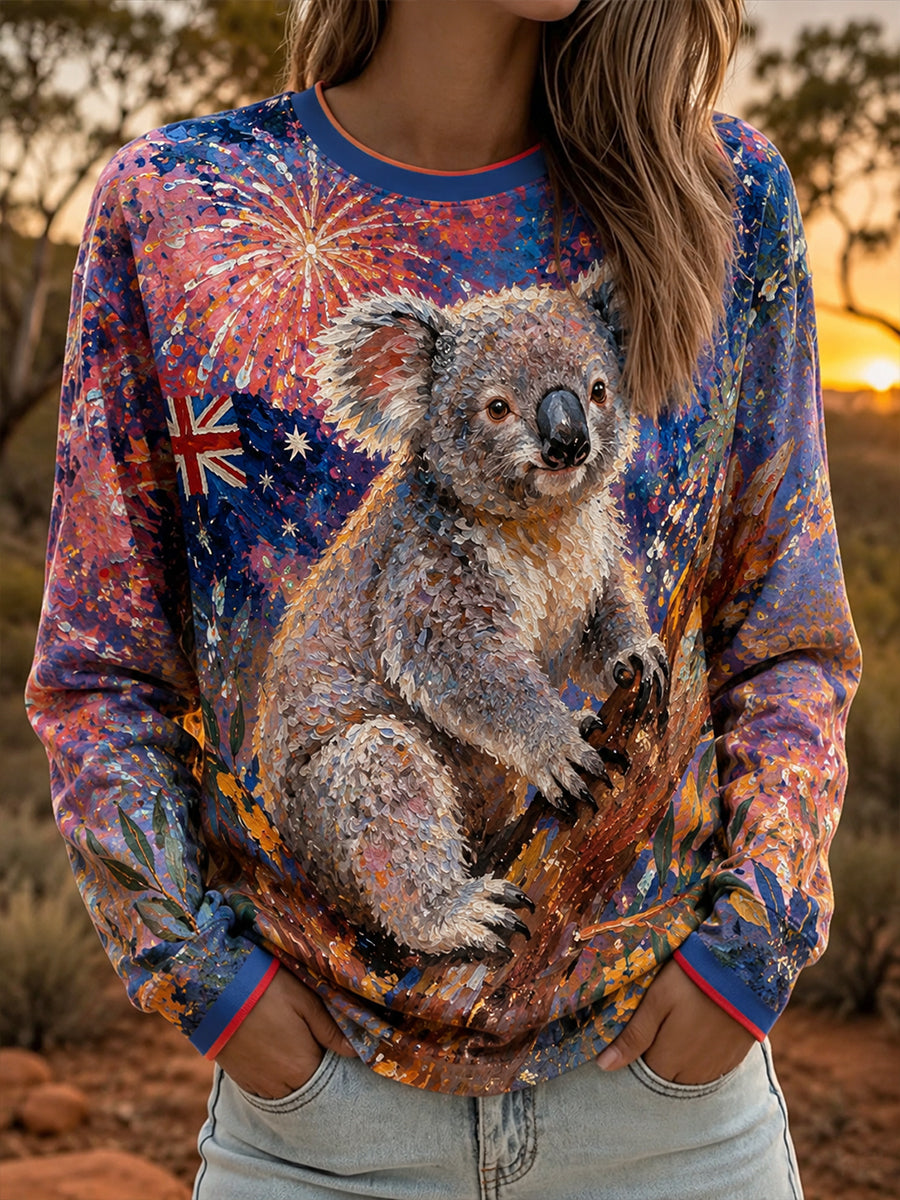 Women's Australian Flag Koala Art Round neck long sleeve T-shirt