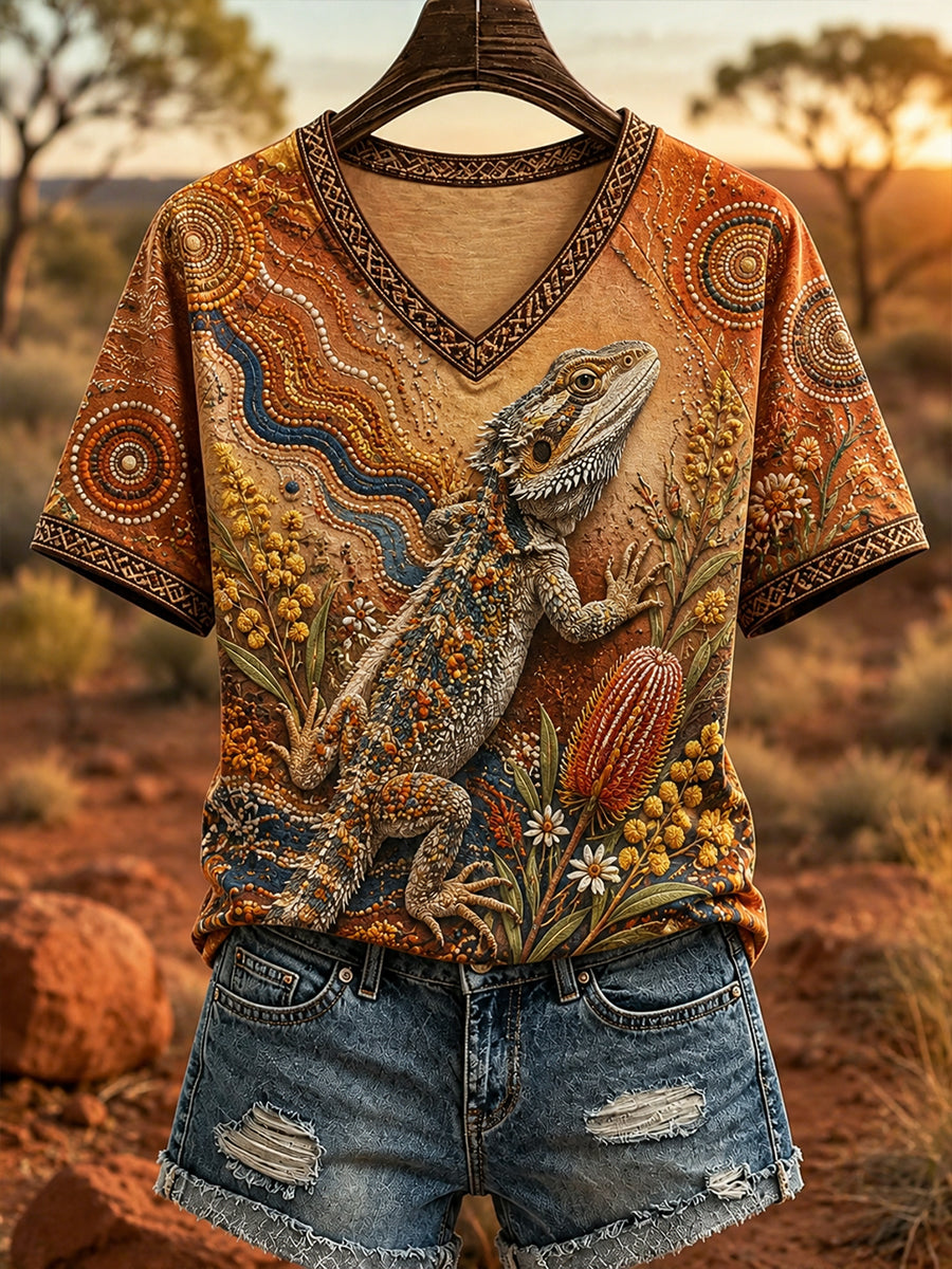 Women's Australian Lizards V-Neck Off-Shoulder Short-Sleeved T-Shirt