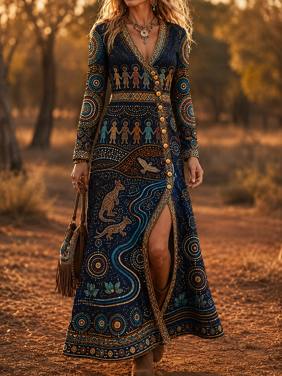 Women's Australia Naidoc Week Vintage Classy Side Buttons Slit Bottom Flowy Maxi Dress