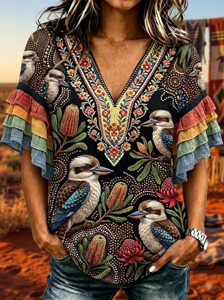 Women's Australia Naidoc Week Cotton Linen Ruffled T-Shirt