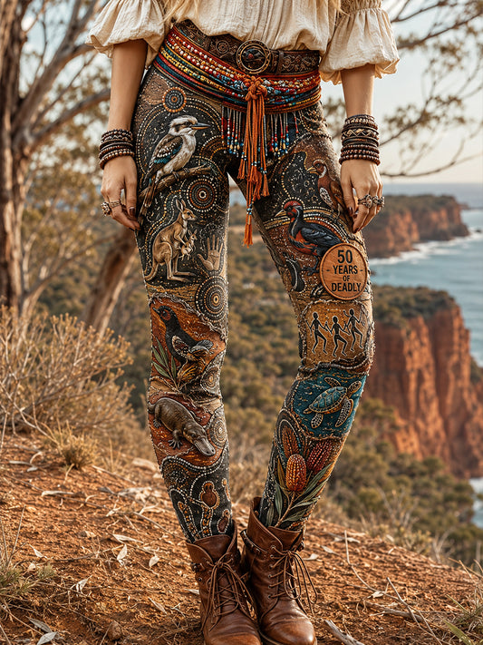 Retro Australian-Inspired Ethnic Art Print Casual Leggings