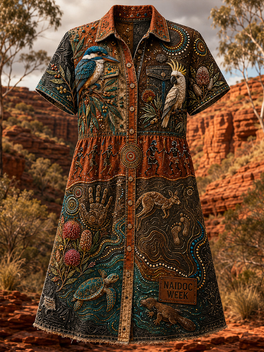 Women's Vintage Australian Ethnic Art Print Casual Dress