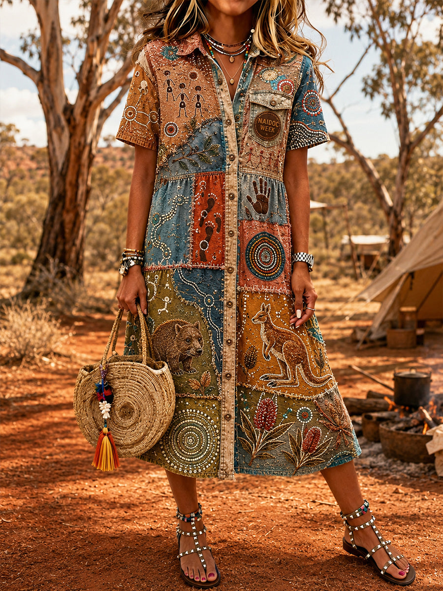 Women's Vintage Australian Ethnic Art Print Casual Dress