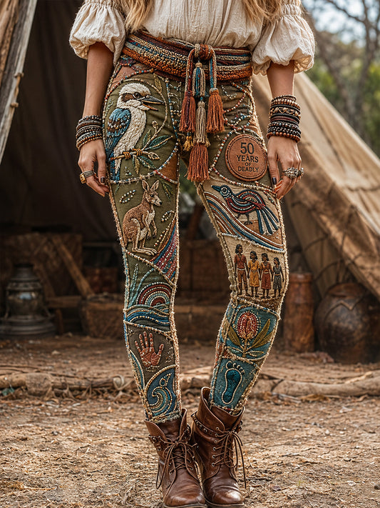 Retro Australian-Inspired Ethnic Art Print Casual Leggings