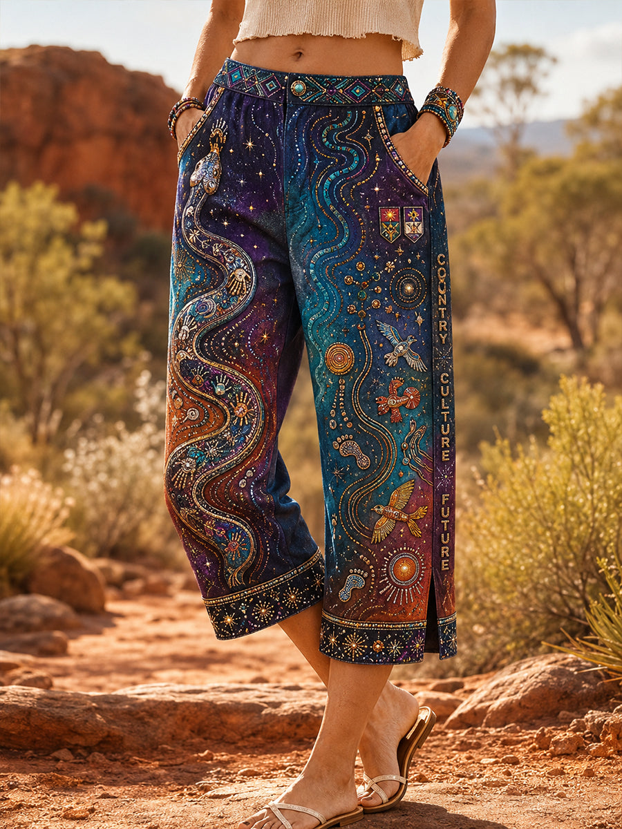 Women's Australia Naidoc Week  Pattern Denim Patchwork Capri Pants