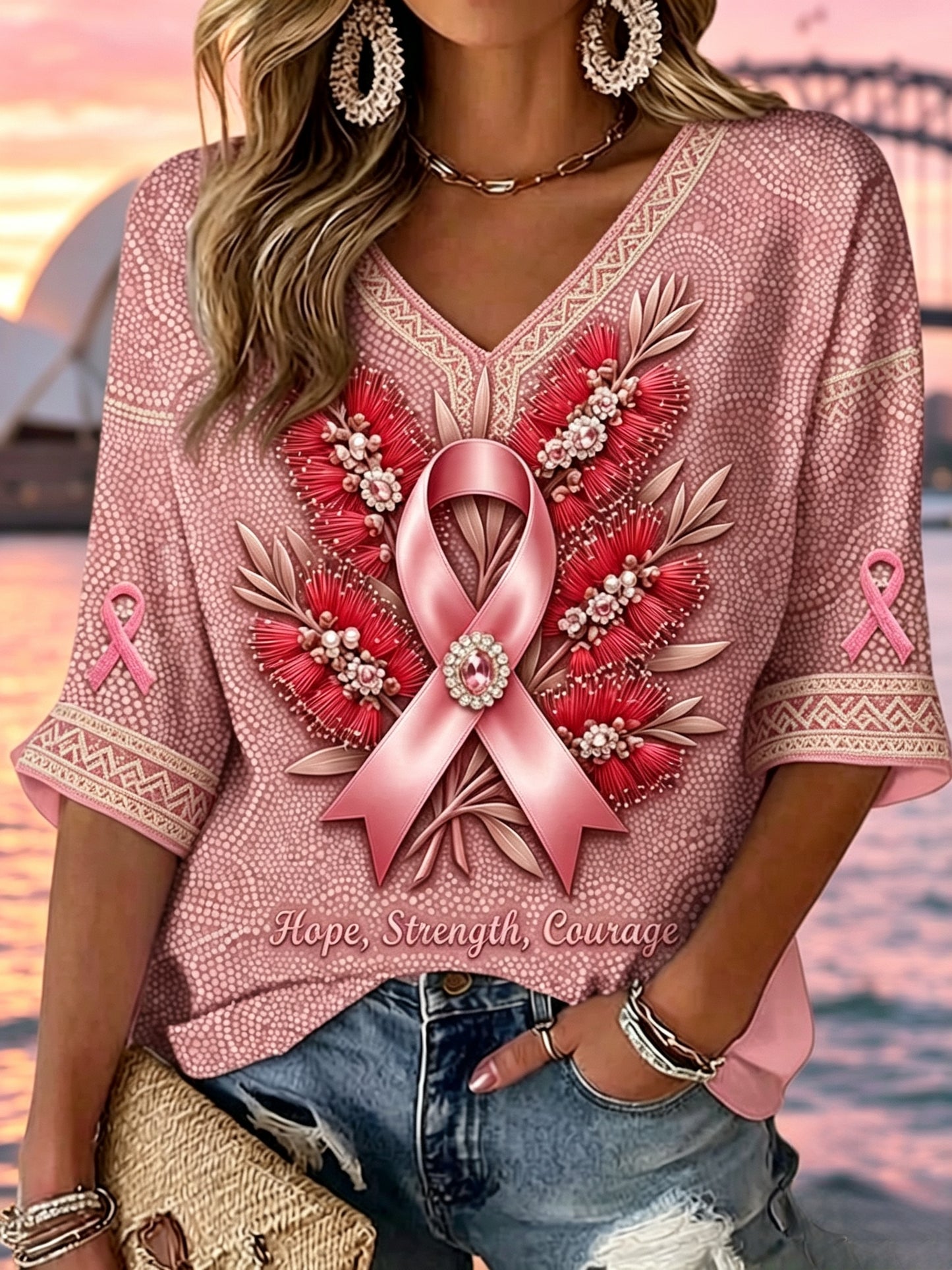 Women's Breast Cancer Awareness Australia V-neck Short Sleeve T-shirt