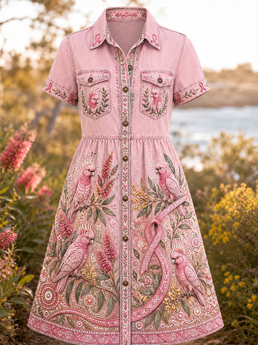 Women's Australia Breast Cancer Awareness Vintage Lapel Pocket Dress