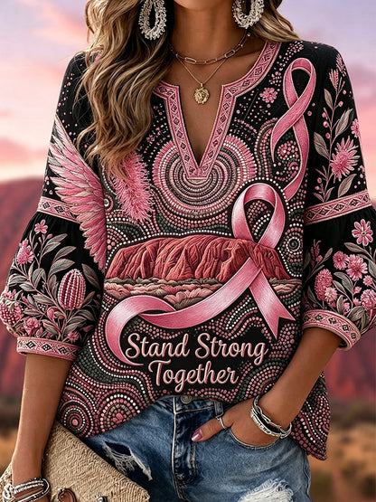 Women's Breast Cancer Awareness Australia Cotton Linen V-neck Top