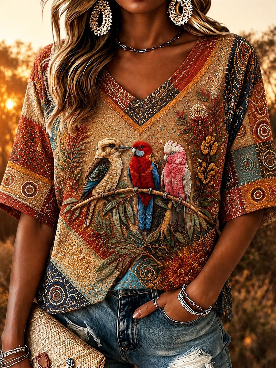 Women's AU Aboriginal Art Printed V-neck T-shirt