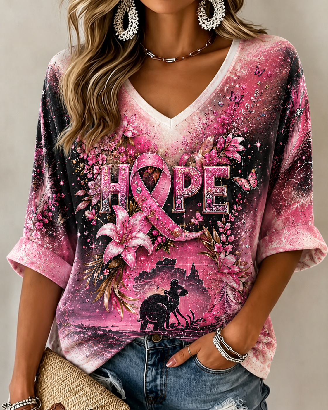 Women's Australian Breast Cancer Linen Short-Sleeved T-Shirt
