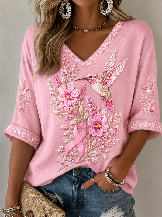 Women's Pink Floral & Hummingbird Print Breast Cancer Awareness Support Half-Sleeves V-Neck T-Shirt