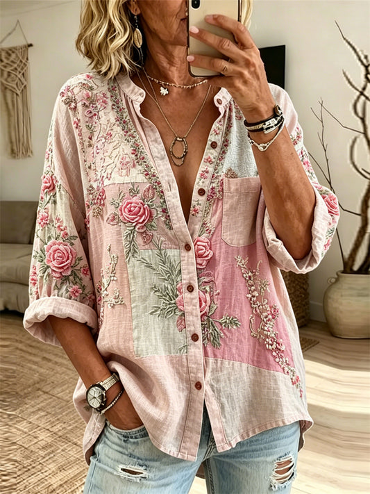 Women's Vintage Pink Roses Cottagecore Patchwork Print Linen Blouse