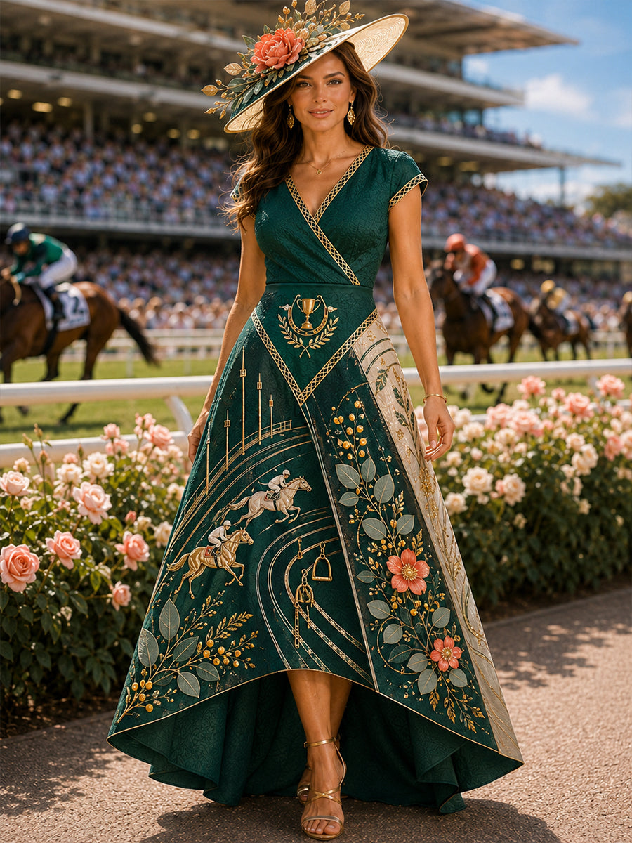 Women's Australian Horse Racing V-Neck Dress