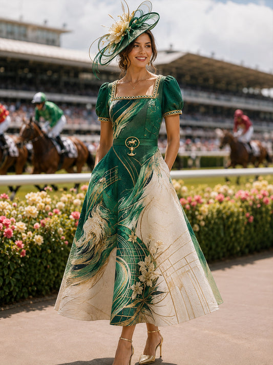 Women's Australian Horse Racing  Art Print V Neck Elegant Midi Dress