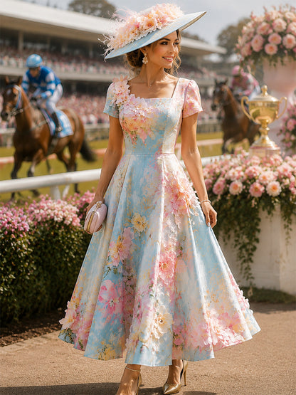 Women's Vintage Melbourne Cup Australian Horse Racing Square-Neck Dress