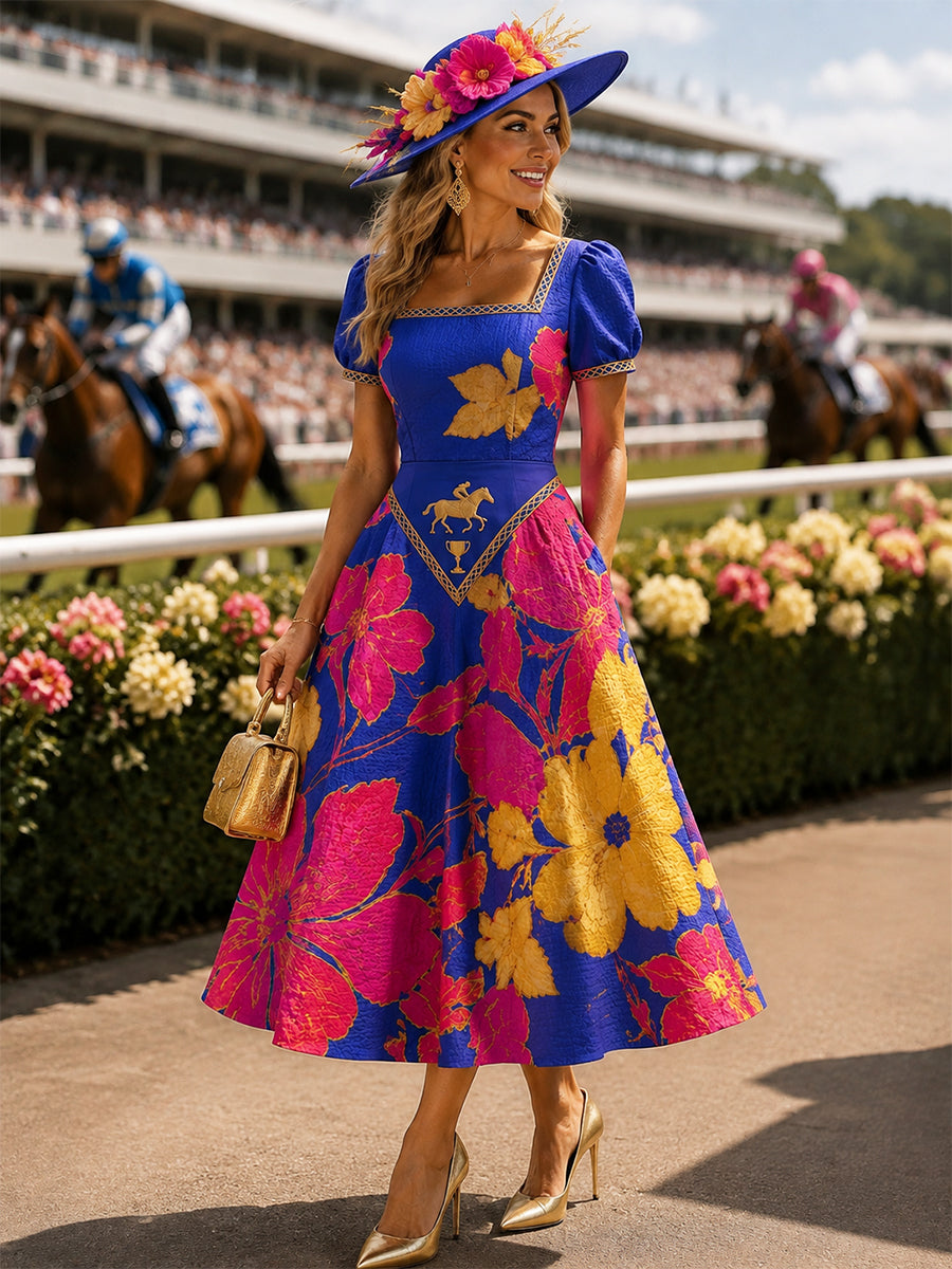 Women's Vintage Melbourne Cup Australian Horse Racing Square-Neck Dress
