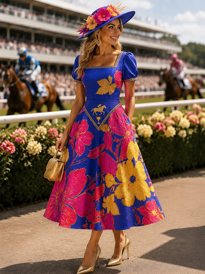 Women's Vintage Melbourne Cup Australian Horse Racing Square-Neck Dress