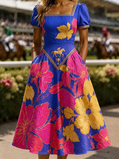 Women's Vintage Melbourne Cup Australian Horse Racing Square-Neck Dress