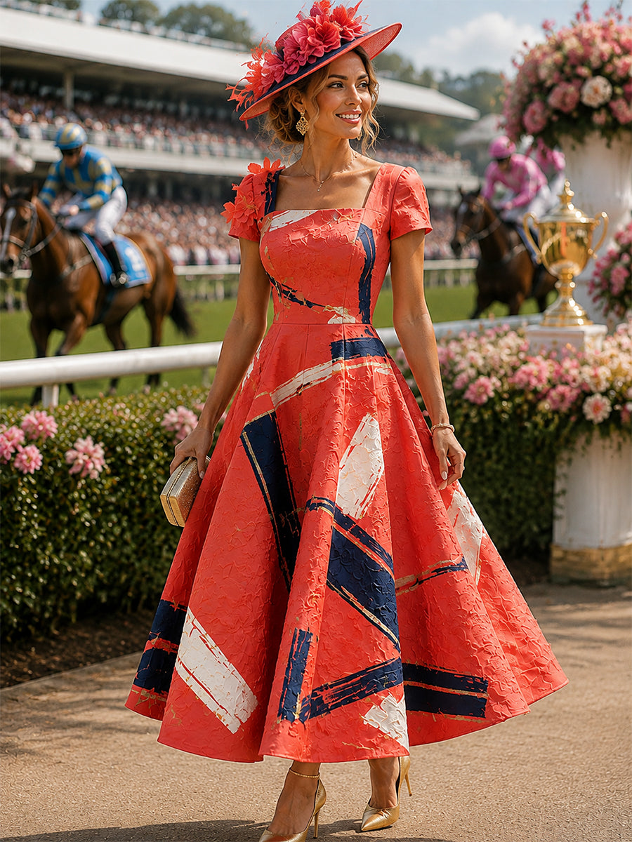 Women's Vintage Melbourne Cup Australian Horse Racing Square-Neck Dress