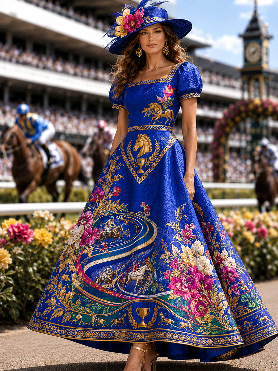 Women's Australian Horse Racing Print V Neck Elegant Midi Dress