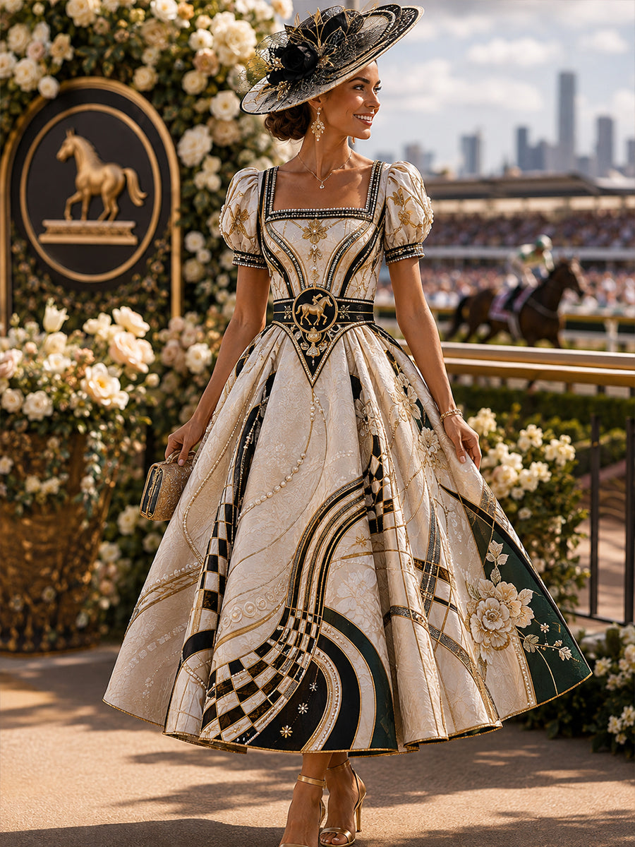 Women's Australian Horse Racing Print V Neck Elegant Midi Dress