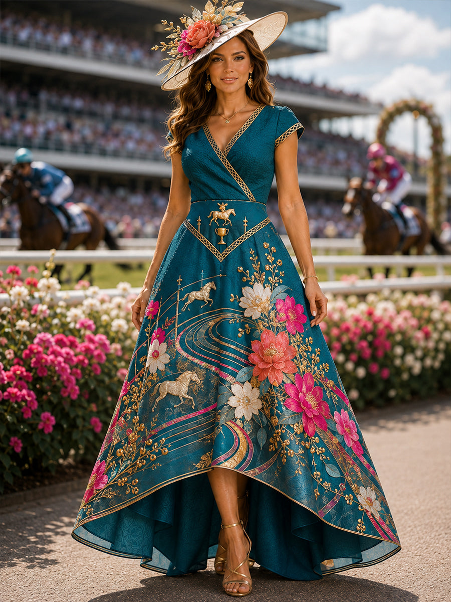 Women's Australian Horse Racing V-Neck Dress