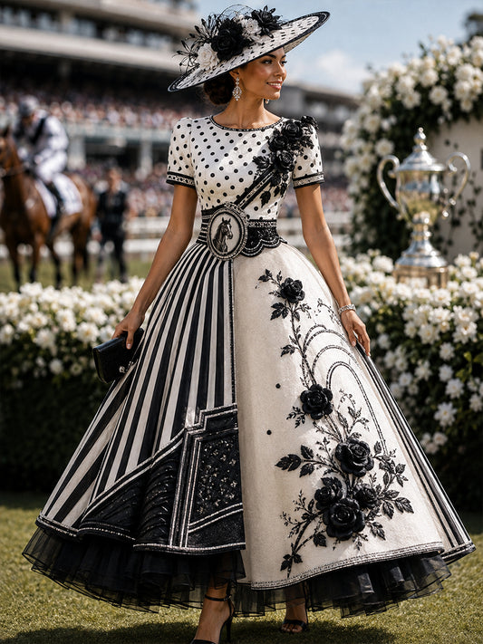 Women's Australian Horse Racing Print V Neck Elegant Midi Dress