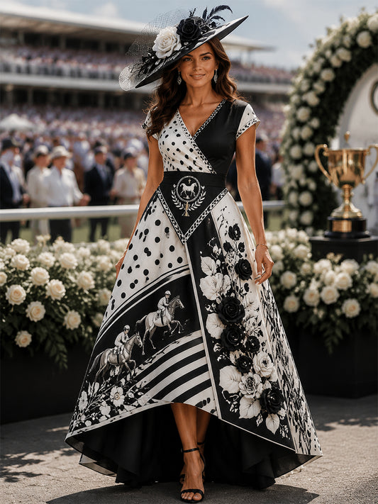 Women's Vintage Melbourne Cup Australian Horse Racing V-Neck Dress