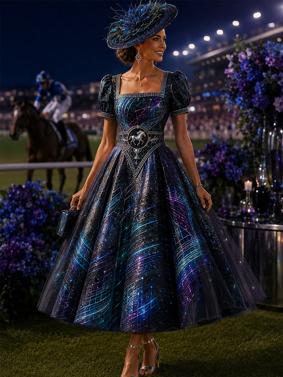 Women's Australian Horse Racing Print V Neck Elegant Midi Dress