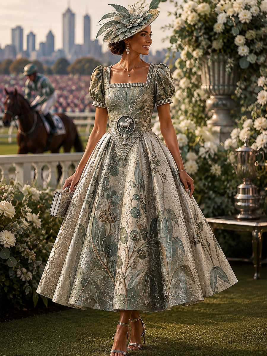 Women's Australian Horse Racing Print V Neck Elegant Midi Dress