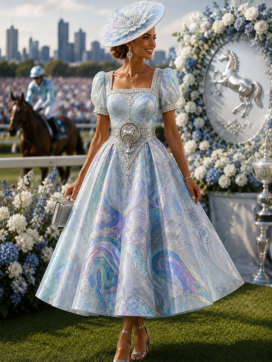 Women's Australian Horse Racing Print V Neck Elegant Midi Dress