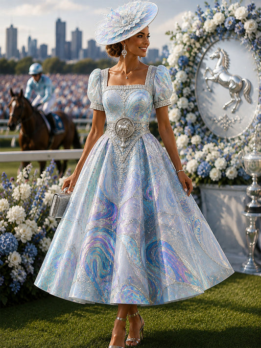 Women's Australian Horse Racing Print V Neck Elegant Midi Dress