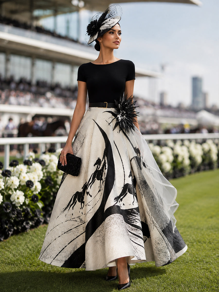 Women's Australian Horse Racing Print Elegant Midi Dress