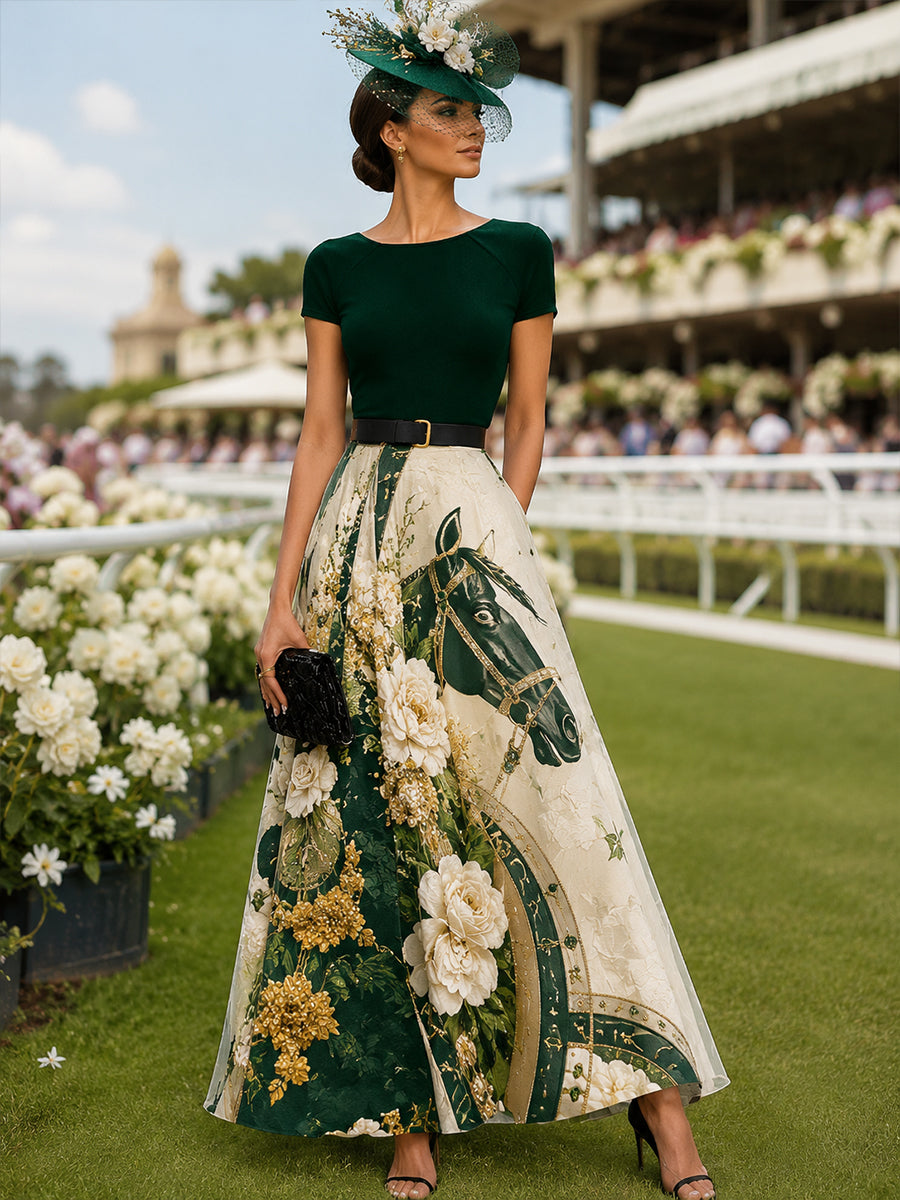 Women's Australian Horse Racing Print Elegant Midi Dress