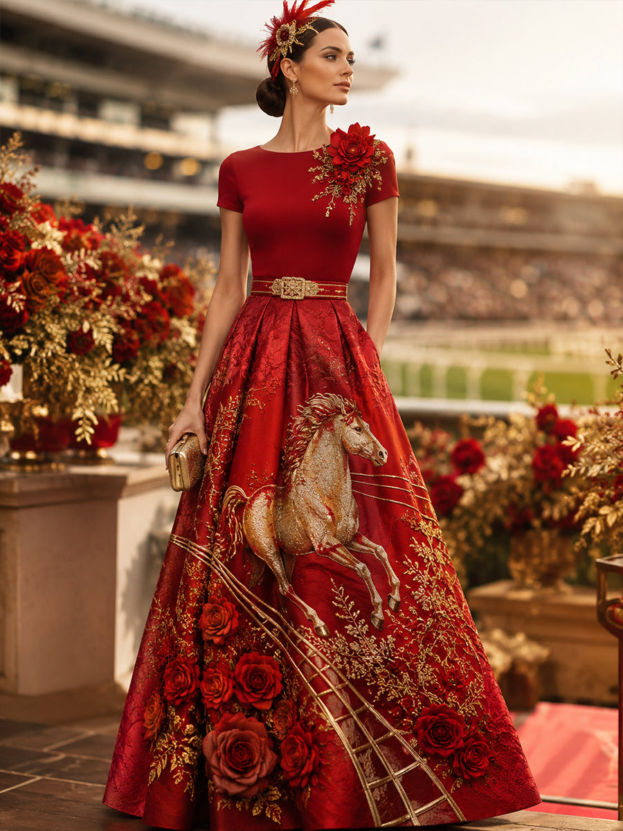 Women's Australian Horse RacingPrint Elegant Midi Dress