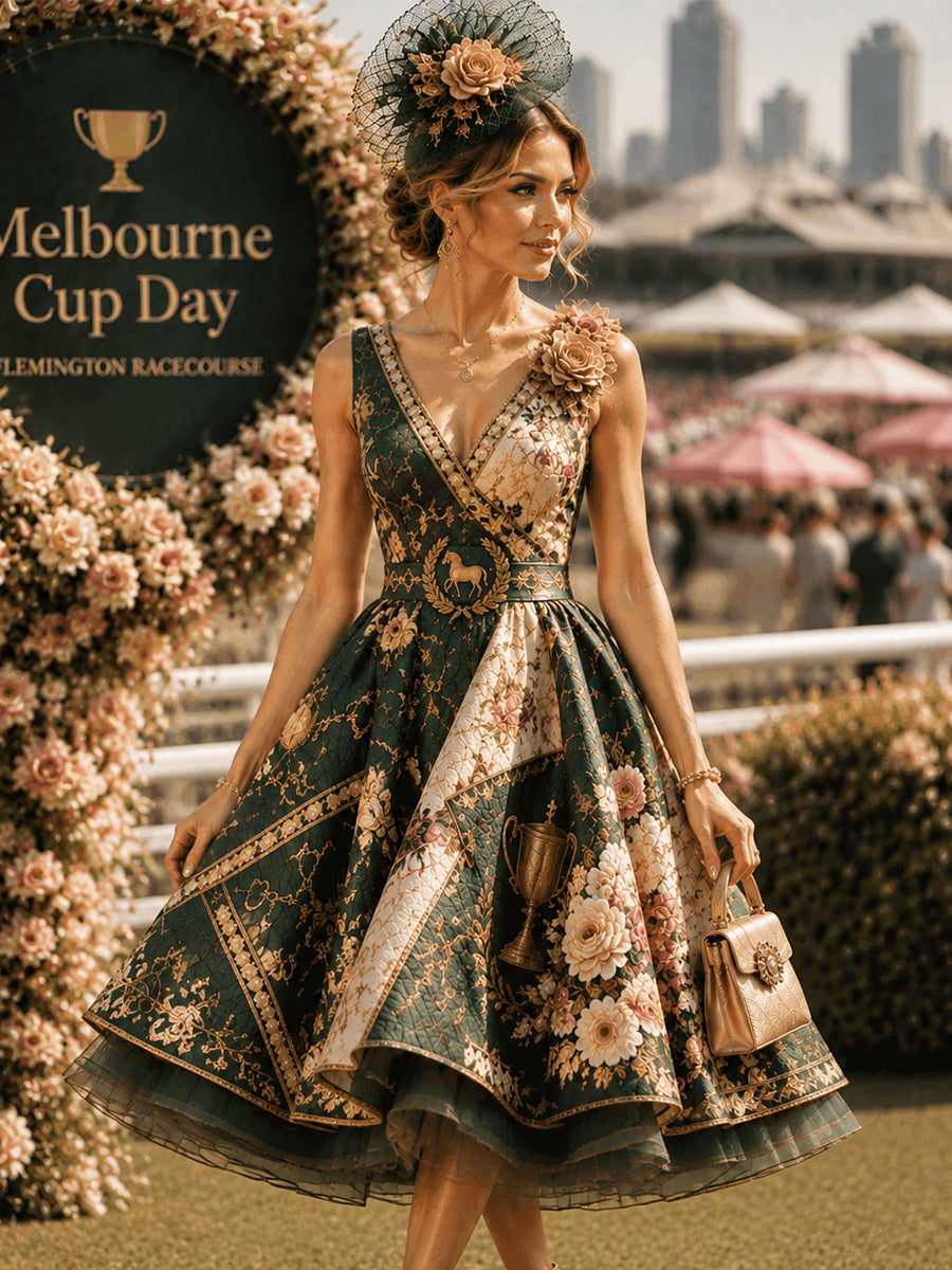 Women's Vintage Melbourne Cup Australian Horse Racing  V-neck Sleeveless Dress
