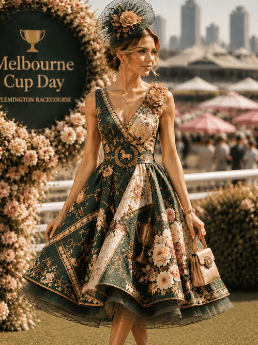 Women's Vintage Melbourne Cup Australian Horse Racing  V-neck Sleeveless Dress