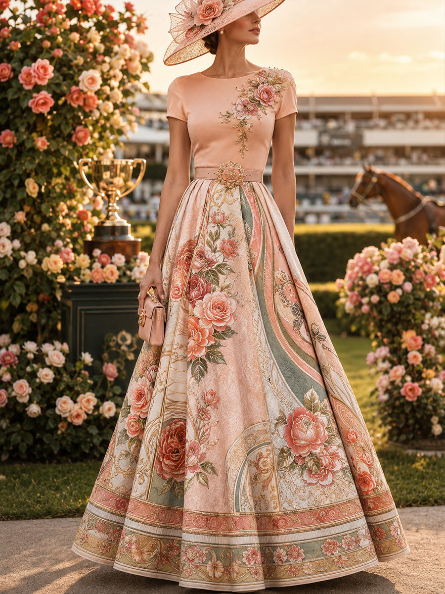 Women's Australian Horse Racing Print Elegant Midi Dress
