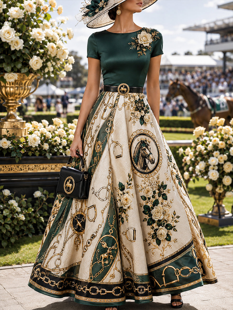Women's Australian Horse Racing Print Elegant Midi Dress