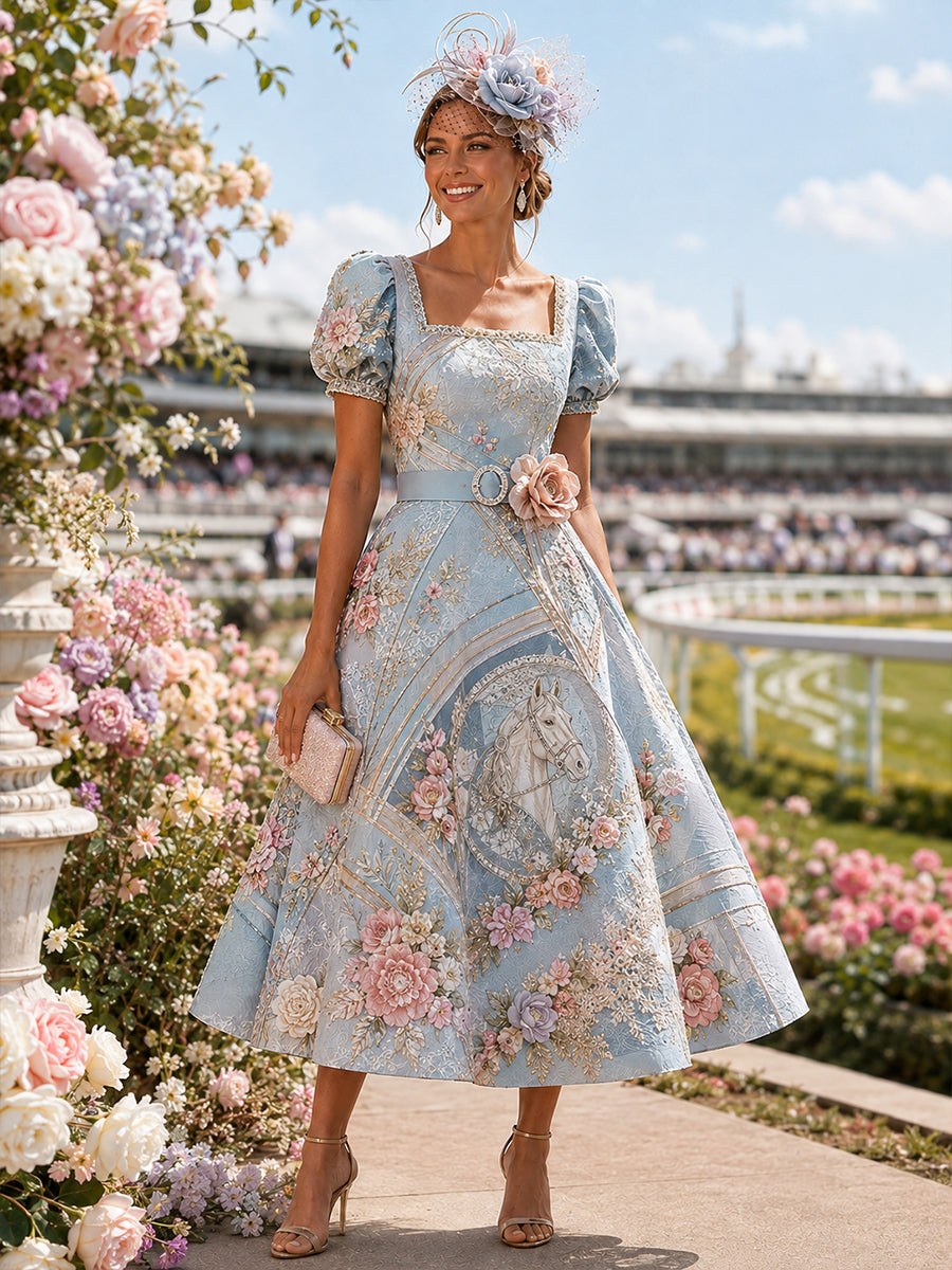 Women's Australian Horse Racing Print V Neck Elegant Midi Dress
