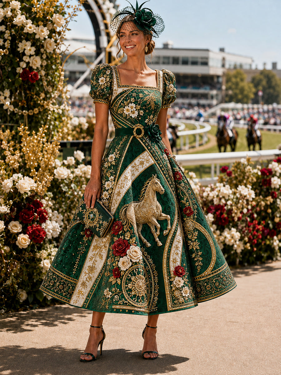 Women's Australian Horse Racing Print V Neck Elegant Midi Dress